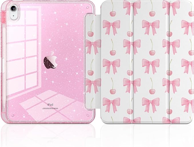 MEEgoodo Case for iPad A16 11th Generation 2025/10th Generation 2022 Glitter Tablet Cases with Transparent Acrylic Back+Trifold Stand +Pencil Holder+Auto Wake/SleepCherry &amp Pink Bows