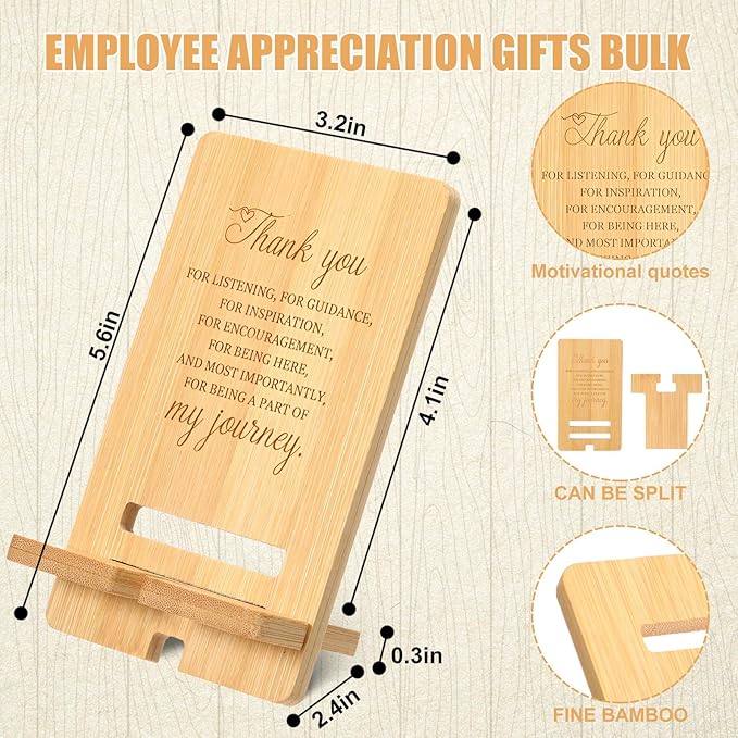 Ripeng 10 Pcs Employee Appreciation Gifts Bulk Bamboo Phone Stand for Desk Office Workers Inspiration Thank You Gift for Team Coworkers Staff Volunteer Nurse Teacher Colleagues Gratitude (Thank You)