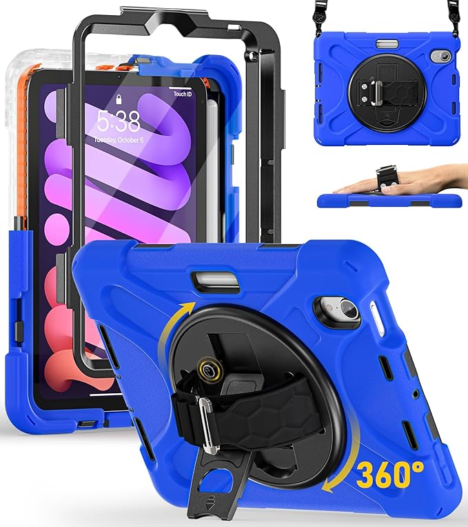 BRAECN for iPad mini 7(A17 Pro)/ 6 case 2024/2021 8.3 inch Heavy Duty Shockproof Protective with Pencil Holder Screen Protector 360°Rotating Stand Handle Full Body Cover Shoulder Strap Kids Friendly