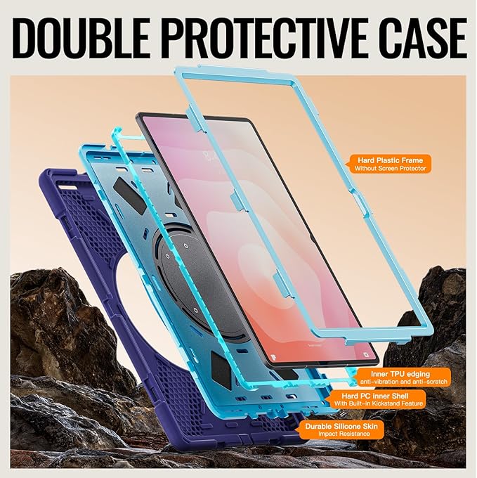for Galaxy Tab S11 Ultra Rotating Case 14.6inch Heavy Duty Hybrid Rugged Case with S Pen Holder Shockproof Kids Cover with 360 Rotation Stand/Shoulder Strap (Navy Blue)