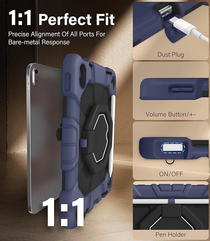 JKSML Case for iPad (A16) 11th/10th Gen | 360° Rugged Rotating Stand | Pencil Holder | Adjustable Shoulder Strap | Heavy Duty Drop Protective Cover for iPad 10.9 (2022)/ 11 (2025) - Navy Black