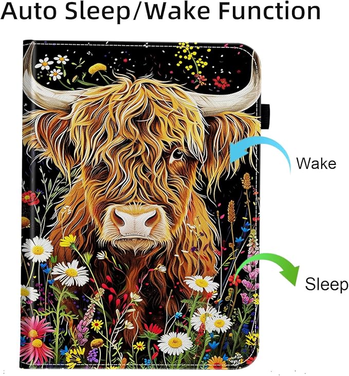 Case for Samsung Galaxy Tab S9 FE 5G 10.9 Inch/Galaxy Tab S9 11 Inch 2023Card Slot PU Leather TPU Case Pen Holder Auto Wake SleepHighland Cow Flowers