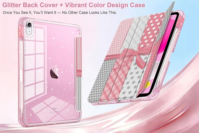 MEEgoodo Case for iPad A16 11th Generation 2025/10th Generation 2022 Glitter Tablet Cases with Transparent Acrylic Back+Trifold Stand +Pencil Holder+Auto Wake/SleepMixed-Style Pink Bow