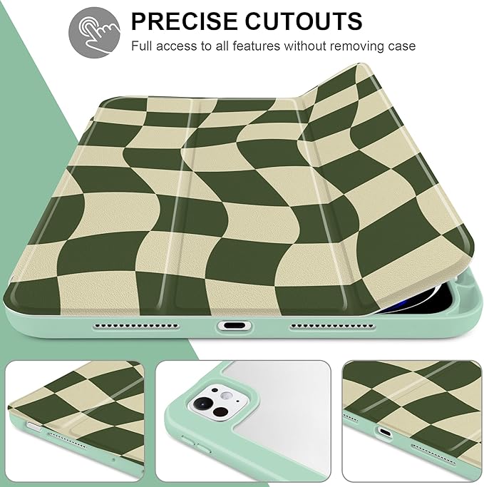 TWOLSKOO Case for iPad Pro 11-inch (M5 2025 / M4 2024) Clear Acrylic Back with TPU Bumper Pencil Holder Trifold Stand Auto Sleep/Wake Green Wavy Checker