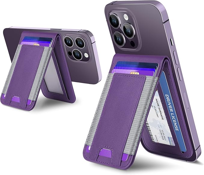 ExtreLife 2-in-1 Magsafe Wallet Adjustable Phone Stand Open ID Window Magnetic Wallet for iPhone 17/16/15/14 Pro Max/14 Pro/14/14 Plus/13/12 Series 9 Cards Holder Vegan Leather Purple