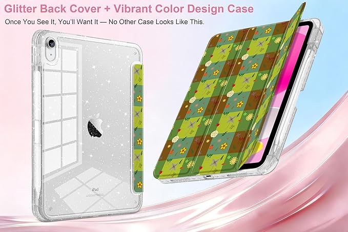 MEEgoodo Case for iPad A16 11th Generation 2025/10th Generation 2022 Glitter Tablet Cases with Transparent Acrylic Back+Trifold Stand +Pencil Holder+Auto Wake/SleepGreen Checkered &amp Nature Patte