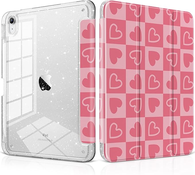 MEEgoodo Case for iPad A16 11th Generation 2025/10th Generation 2022 Glitter Tablet Cases with Transparent Acrylic Back+Trifold Stand +Pencil Holder+Auto Wake/SleepHearts &amp Pink Checkered