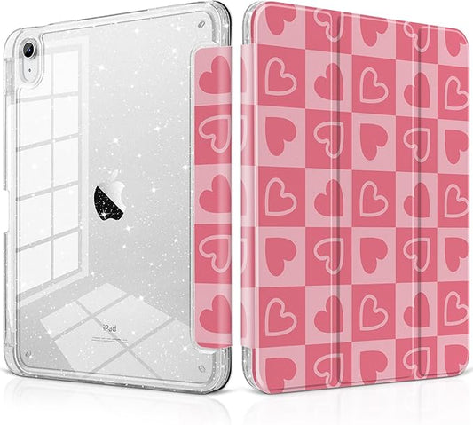 MEEgoodo Case for iPad A16 11th Generation 2025/10th Generation 2022 Glitter Tablet Cases with Transparent Acrylic Back+Trifold Stand +Pencil Holder+Auto Wake/SleepHearts &amp Pink Checkered