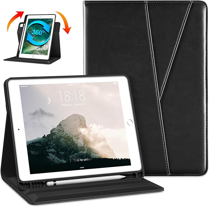 DTTO Rotating Case for iPad 6th / 5th Generation 9.7 Inch 2018/2017 iPad Air 2 / Air 1 Case 360 Degree Swiveling Premium Leather Folio Stand Cover with Pencil Holder - Auto Wake/Sleep Black