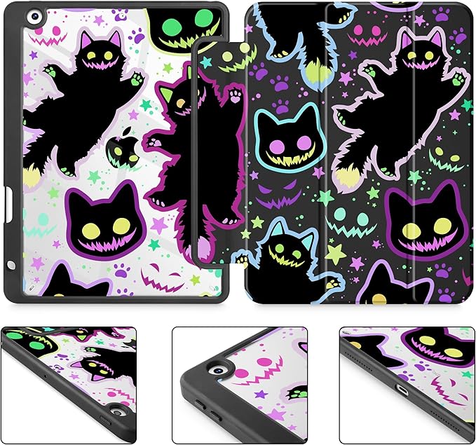 for iPad 9th Generation with Pencil Holder iPad 8th/7th Gen Case 10.2-inch [Built in Pencil Holder] Trifold Stand Auto Wake/Sleep Clear TPU Protection Back Cover Creepy &amp Funny Cats
