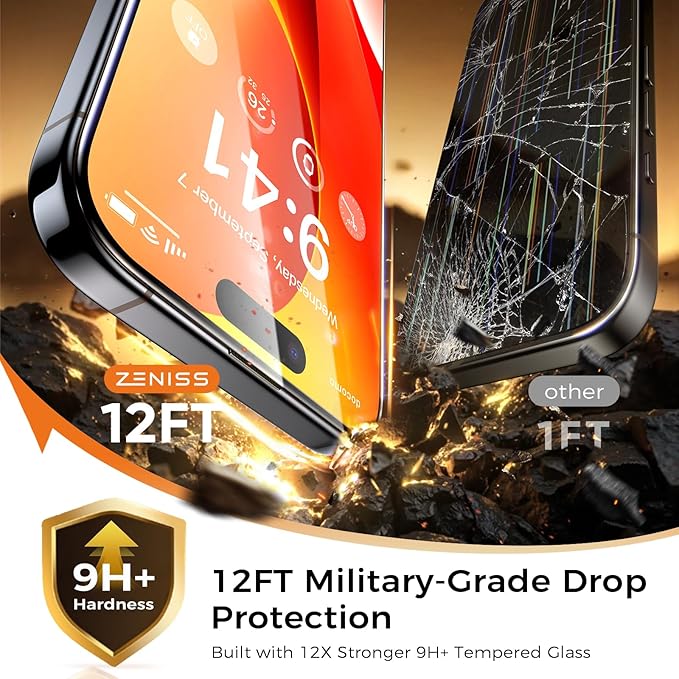 NeverBreak 9H+ Hardness for iPhone 15 Screen Protector 12FT Military Grade Protection (Scratch Shatter Drop Resistance) 15 Tempered Glass Full Edge Coverage Case Friendly 6.1 2 Pack