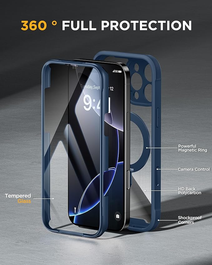 Miracase for iPhone 16 Pro Max Case with 360° Magnetic Ring Stand [Compatible with Magsafe] Full-Body Drop Proof Bumper Phone Case with Built-in 9H Tempered Glass Screen ProtectorBlue