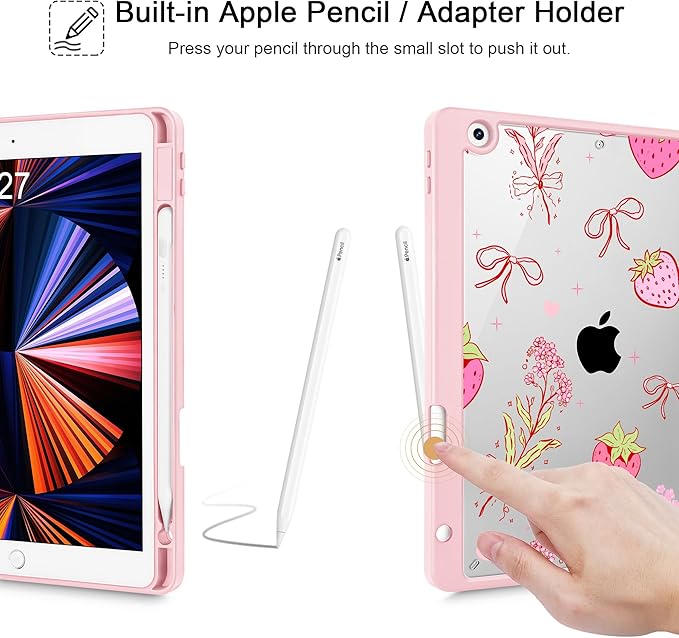 May Chen for iPad 9th Generation with Pencil Holder iPad 8th/7th Gen Case 10.2-inch [Penceil Holder] Trifold Stand Auto Wake/Sleep Clear TPU Protection Back Cover Strawberry Bow