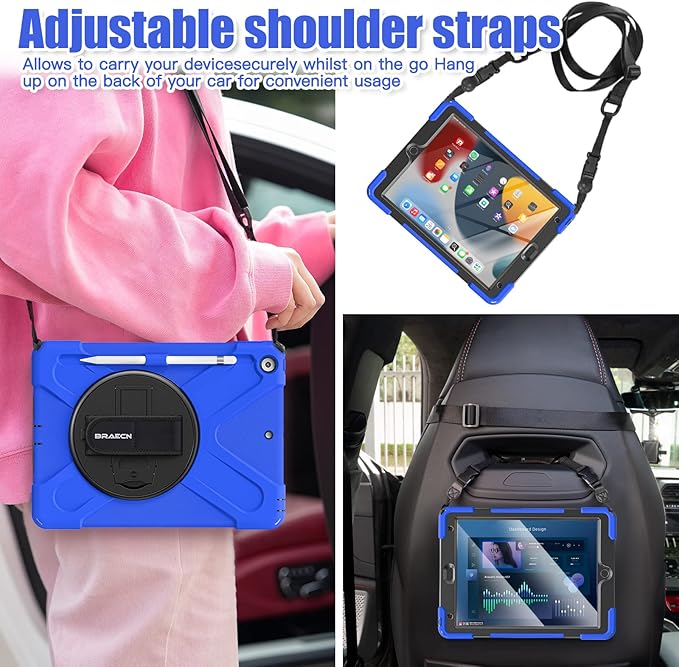 BRAECNstock for Apple iPad 9th/ 8th/ 7th Generation Case 10.2 2021/2020/2019 Shockproof Protective iPad 10.2 inch Kids Case with Screen Protector Pencil Holder Rotating Stand+Hand Strap Blue