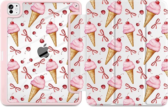 TWOLSKOO Case for iPad Pro 11-inch (M5 2025 / M4 2024) Clear Acrylic Back with TPU Bumper Pencil Holder Trifold Stand Auto Sleep/Wake Ice Cream &amp Bows
