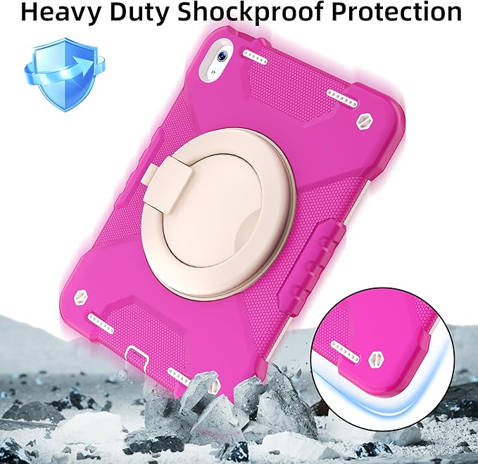 Case for iPad (A16) 11th Generation 11 inch 2025/10th Generation 10.9 inch 2022 Shockproof Cover with Screen Protector/360° Rotate Handle/Bracket/Pen Holder/Shoulder Strap (Rose Red+White)