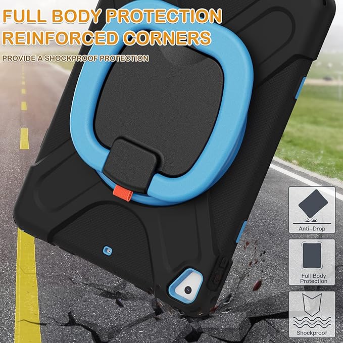 BRAECN Case for 9.7 iPad 6th/5th Generation iPad Air 2 &amp iPad Pro 9.7-Inch Heavy Duty Rugged Silicone Cover with 360 Rotating Handle Grip Pencil Holder Kickstand Shoulder Strap - Black+Blue