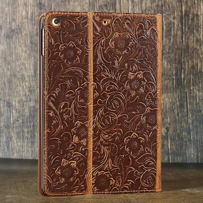 Gexmil Genuine Leather Case for iPad 10.2 Inch CaseCowhide Folio Cove for iPad 9/8/7 Generation(2021/2020/2019) Anti Fingerprint/Slipr Auto Sleep/Wake with Adjustable StandFlower Brown
