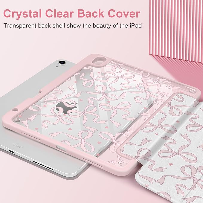TWOLSKOO Case for iPad Air 11-inch (M4 2026 / M3 2025 / M2 2024) Clear Acrylic Back with TPU Bumper Pencil Holder Trifold Stand Auto Sleep/Wake Pink Bows