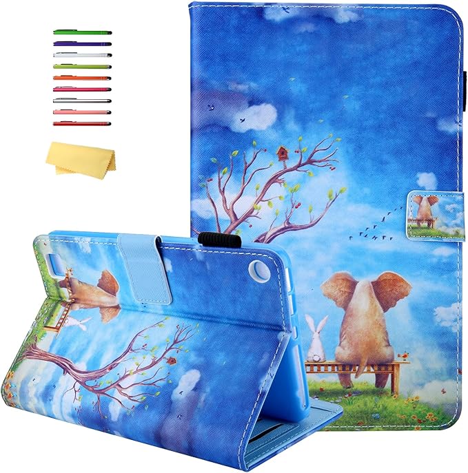 All-New 7 Amazon Kindle Fire 7 Tablet Case (9th/7th/5th Generation 2019/2017/2015) Smart Stand PU Leather Magnetic Cover with Card Pocket Pencil Holder [Auto Sleep/Wake] Elephant Rabbit