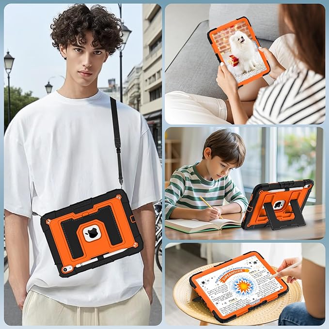 WESOROL Case for iPad A16 11th/10th Generation 2025/2022 with Pencil Holder Shoulder Strap iPad Case 10th Generation Shockproof Cover for iPad 11th/10th Gen CasesBlack Orange
