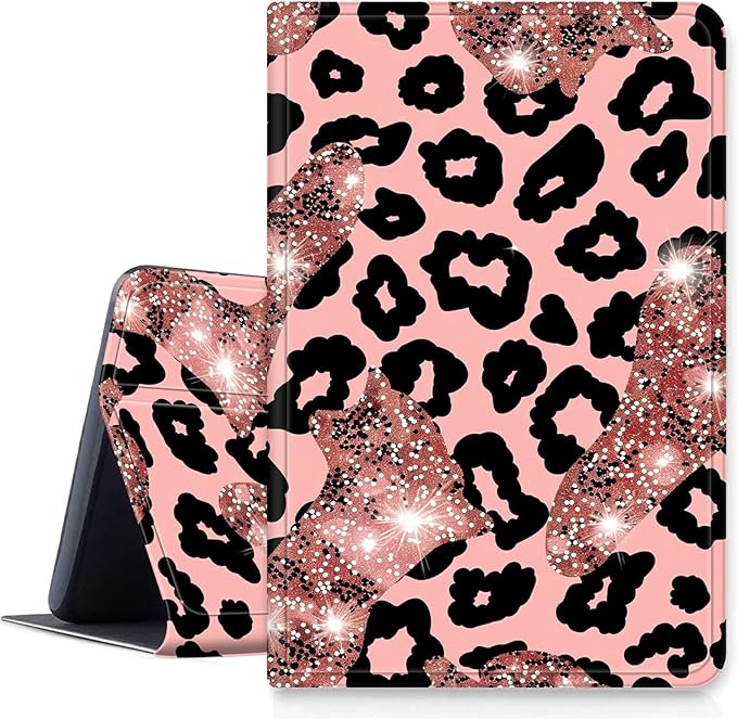 Case for Amazon Fire HD 10 and 10 Plus Tablet (13th/11th Generation 2023/2021 Release) 10.1 PU Leather Smart Protective Cover with Auto Sleep/Wake for Fire HD 10 2023Leopard with Pink Glitter