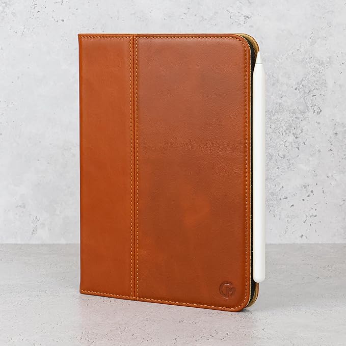 Casemade Real Leather Case Compatible with iPad mini 7 (A17 Pro) / 6th Gen (2021) - Full-Grain Leather Cover Auto Sleep/Wake Dual Stand Position (Tan)