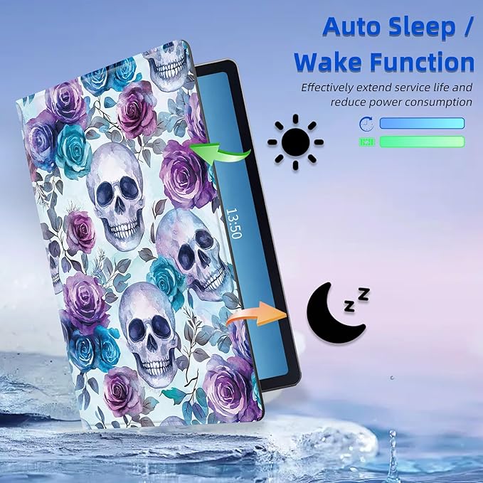 for Samsung Galaxy Tab A9 Plus Case 10.9-inch Rotating Auto Wake Sleep for Samsung A9 Plus Tablet Case Leather Cover for Galaxy Tab A9+ Skull Roese for Tab Cover for Woman Man