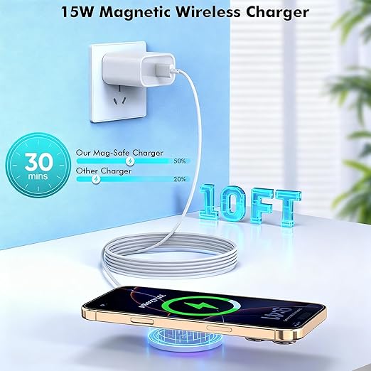 Magnetic Wireless Charger for iPhone 17 16 1510FT Long Fast Phone Charging Pad with USB C Wall Charger Block For iPhone 17 Pro Max/17/iPhone 16 Pro Max/15/Plus/Pro/14/13/12 SeriesAirPods 4/3/2/Pro 2