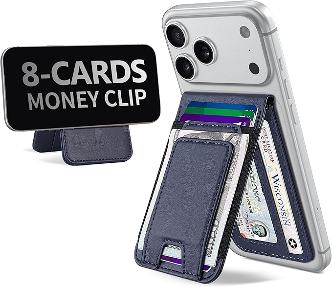 TopMade for MagSafe Wallet with Money Clip Strongest Magnetic Card Holder for iPhone 17/16/15/14/13/12 Series for iPhone Wallet with Adjustable Stand ID Window RFID Blocking Navy Blue