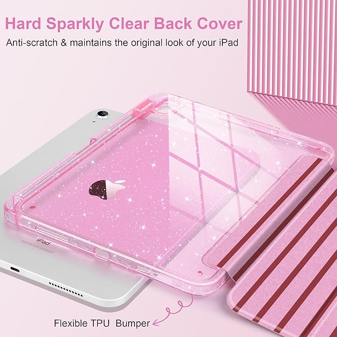DONGKE for iPad Case 9th/8th/7th Generation 10.2 Inch (2021/2020/2019) Shockproof Glitter Acrylic Back with Trifold Stand Pencil Holder &amp Auto Sleep/Wake - Pink Stripes