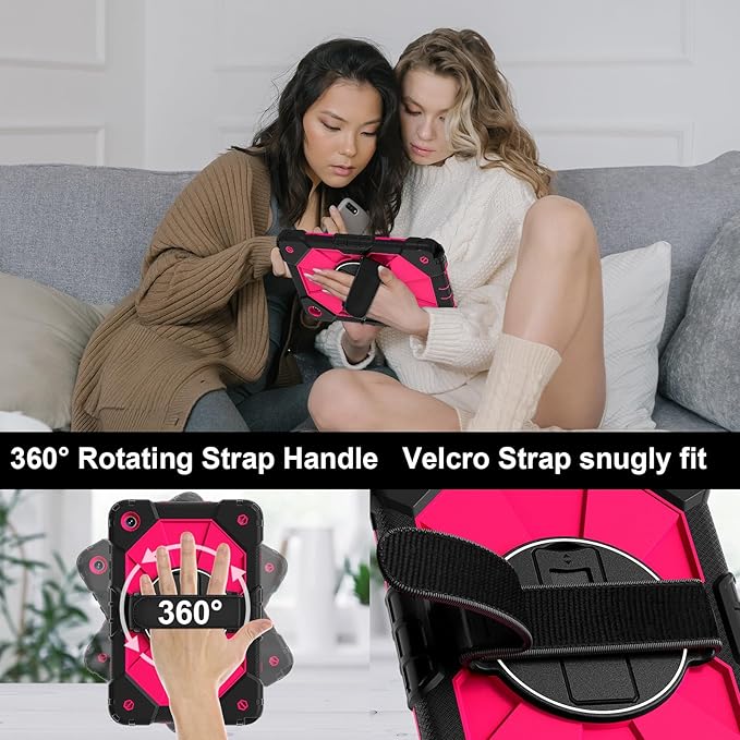 Case for Samsung Galaxy Tab A9 Plus(X210/X216/X218)/A11+ 11 Inch 2025 (X230/X236B) Heavy Duty Shockproof Rugged 360 Rotating Hand Strap Protective Tablet Case for Tab A11 PlusBlack+Rose Red