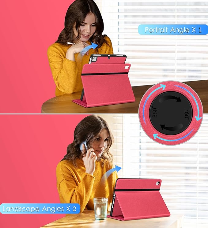DTTO Rotating Case for iPad 6th / 5th Generation 9.7 Inch 2018/2017 iPad Air 2 / Air 1 Case 360 Degree Swiveling Premium Leather Folio Stand Cover with Pencil Holder-Auto Wake/Sleep Watermelon Red