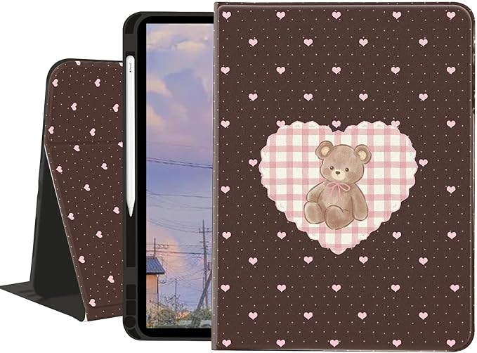 Cute Chocolate Bear Case for iPad Pro 13-inch(M4) 2024Textured Folio Case with Pencil Holder Multi-Angle View Adjustable Stand Auto Wake/Sleep(Model Number:A2925/A2926/A3007) for Girls Boys