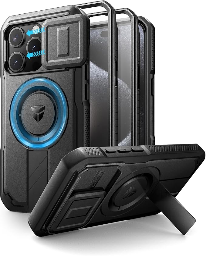 Dexnor for iPhone 15 Pro Case with Slide Camera Cover &amp Adjustable Kickstand &amp Built-in Screen Protector Magnetic Rugged Shockproof Bumper Cases Heavy-Duty Magnetic Protective CoverBlack