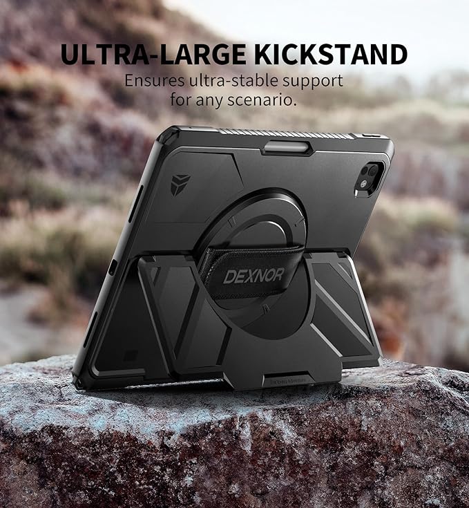 Dexnor for iPad Pro 13 inch Case M4 2024 Rugged Protective Case with 360° Rotating Hand Strap &amp Large Steady Stand &amp Screen Protector &amp Pencil Holder Shockproof Full-Body Bumper CoverBla