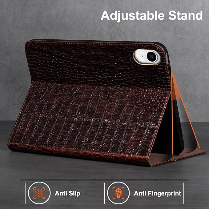 Gexmil Leather Case for iPad mini 7 (A17 Pro) 2024 / iPad mini 6 Generation 2021 8.3 InchPremium Cowhide Cover with Adjustable Stand Auto Wake/SleepBrown Crocodile