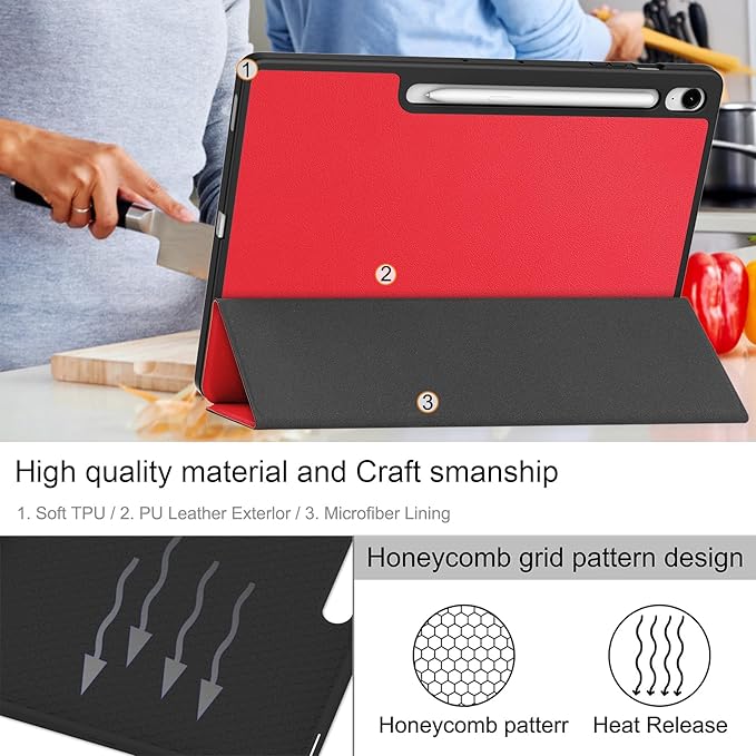 Case for Samsumg Galaxy Tab S10 FE+/S10 FE Plus 13.1 Inch 2025 (Model: SM-X620/SM-X626B) Trifold Stand Smart Cover with S Pen Holder [Auto Wake/Sleep] PU Leather Soft TPU Bumper Shell Red
