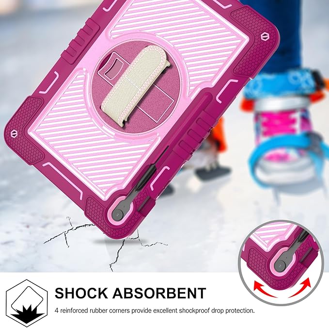 Shockproof Case for Samsung Galaxy Tab S10 FE+/FE Plus 13.1 Tablet with Shoulder Strap Techcircle Heavy Duty Rotating Kickstand Rugged Defender Case w/Adjustable Hand Strap Rose+Pink
