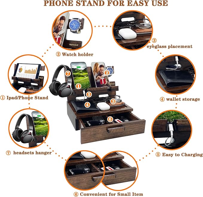Gifts for Men Women Husband Son Boyfriend Him Nightstand Organizer Wood Phone Docking Station Birthday Gifts (Walnut) | Gifts for Men Women Birthday Gifts