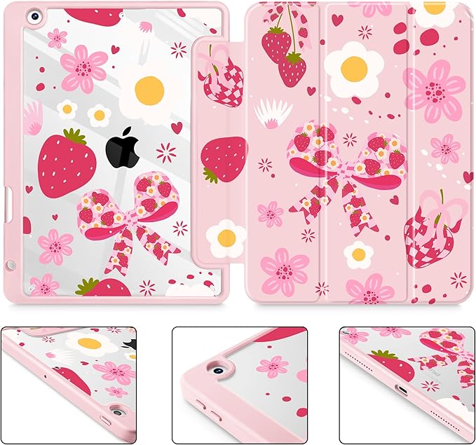 for iPad 9th Generation with Pencil Holder iPad 8th/7th Gen Case 10.2-inch [Built in Pencil Holder] Trifold Stand Auto Wake/Sleep Clear TPU Protection Back Cover Strawberry Bow