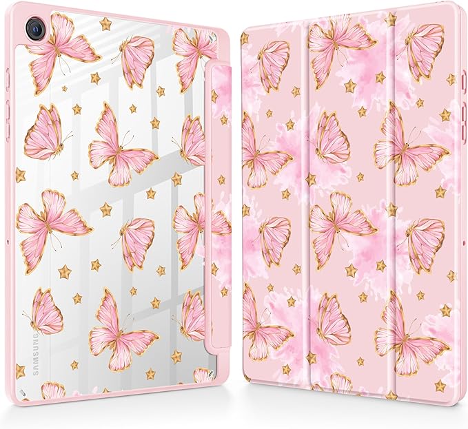Tuiklol for Samsung Galaxy Tab A9+ Tablet 11” / A9+ Plus 2024 2023Buit-in S-Pen Holder with Clear Protective Cover Transparent Back Shell Auto Wake/Sleep Samsung Tab A9 Plus CoverButterfly Pink