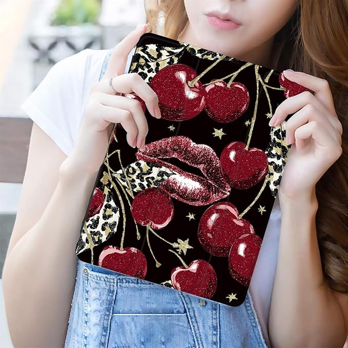 JOYLAND for iPad Air 11 Inch (M3 2025/M2 2024)Air 5th/4th Generation (2022/2020) with Pencil Holder-Auto Wake/SleepLeopard Print Cherry Cover Anti-Scratch Shockproof Premium Folio Stand CaseBlack