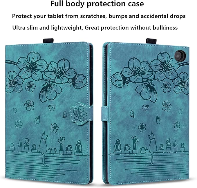 for Amazon Kindle Fire HD 8 &amp Fire HD 8 Plus Case 12th/10th Generation (2024/2022/2020) 8 UUcovers Embossed PU Leather Folio Magneic Cover with Stand/Pencil Holder Cherry Blossom Green Cat