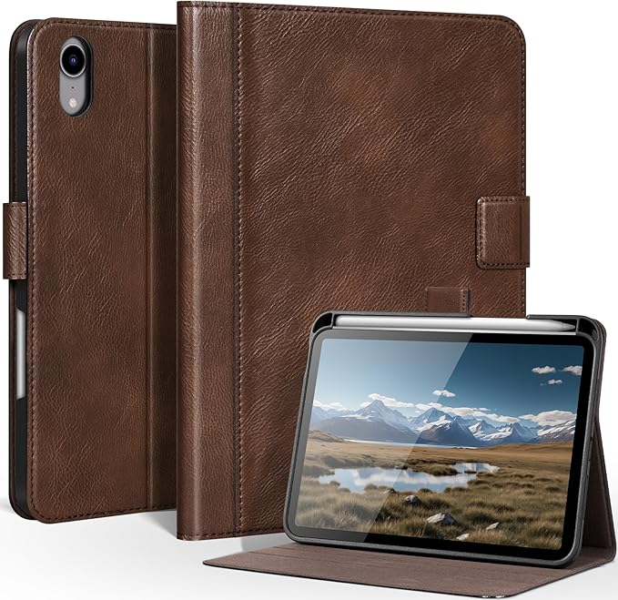 Genuine Leather Case for iPad mini 7th/6th Gen 8.3 inch Premium Folio Cover with Apple Pencil Holder Auto Wake/Sleep Adjustable Stand &amp Magnetic Closure Dark Brown