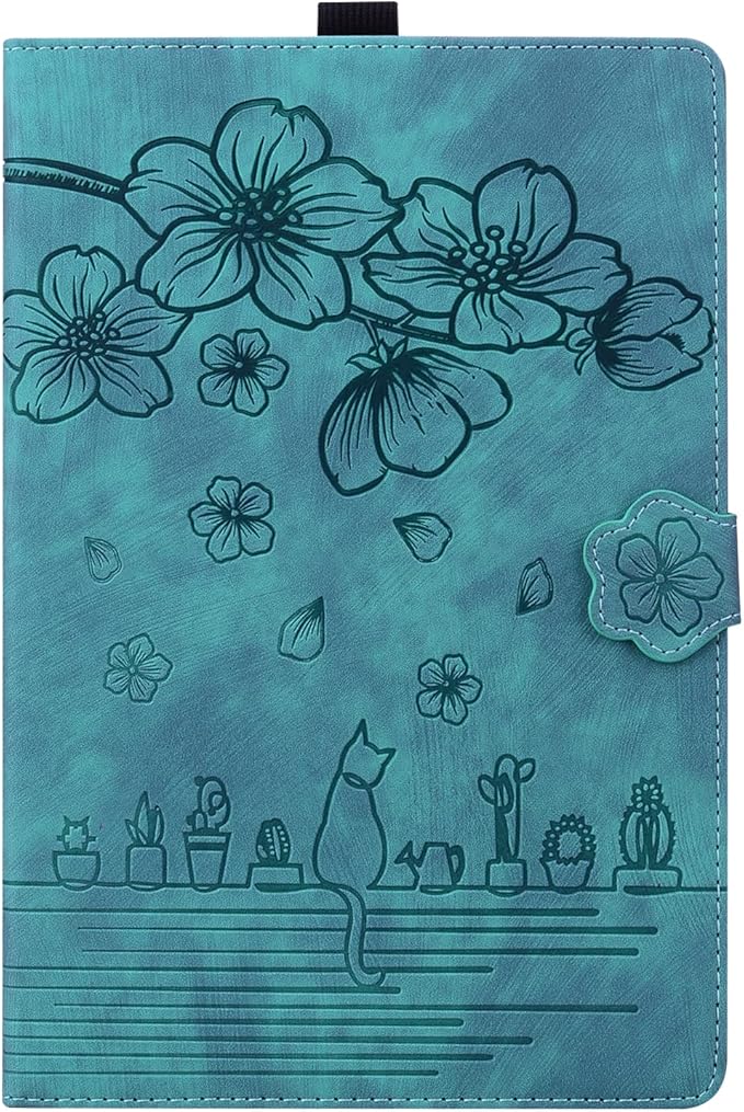 for Amazon Kindle Fire HD 8 &amp Fire HD 8 Plus Case 12th/10th Generation (2024/2022/2020) 8 UUcovers Embossed PU Leather Folio Magneic Cover with Stand/Pencil Holder Cherry Blossom Green Cat