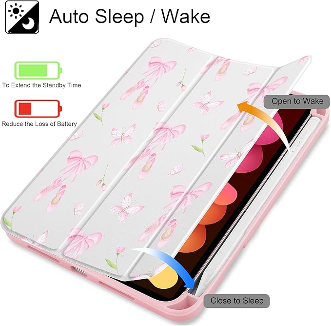 May Chen Slim Case for iPad mini 7 (A17 Pro 7th Generation) 2024 / iPad mini 6 (6th Gen) 8.3 Inch [Built-in Pencil Holder] Shockproof Cover Clear Clear Back Shell Auto Wake/Sleep Ballet Shoes