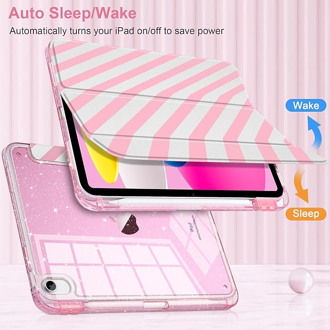 MEEgoodo Case for iPad A16 11th Generation 2025/10th Generation 2022 Glitter Tablet Cases with Transparent Acrylic Back+Trifold Stand +Pencil Holder+Auto Wake/SleepPink and White Stripes