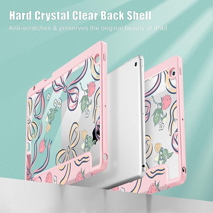 Case for iPad 9th/ 8th/ 7th Generation 10.2-Inch Case(2021/2020/2019 Release) [Built in Pencil Holder] Trifold Stand Auto Wake/Sleep Clear TPU Protection Back Cover Raspberry Bows