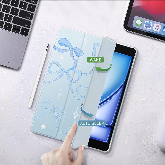 Idocolors Case for iPad 11 inch (A16 Chip) 2025 Generation 11th / iPad 10.9 inch 2022 10th Gen Built-in Pencil Holder with Soft TPU Shockproof Back Shell Auto Wake/Sleep Blue Ribbon Bow-Blue